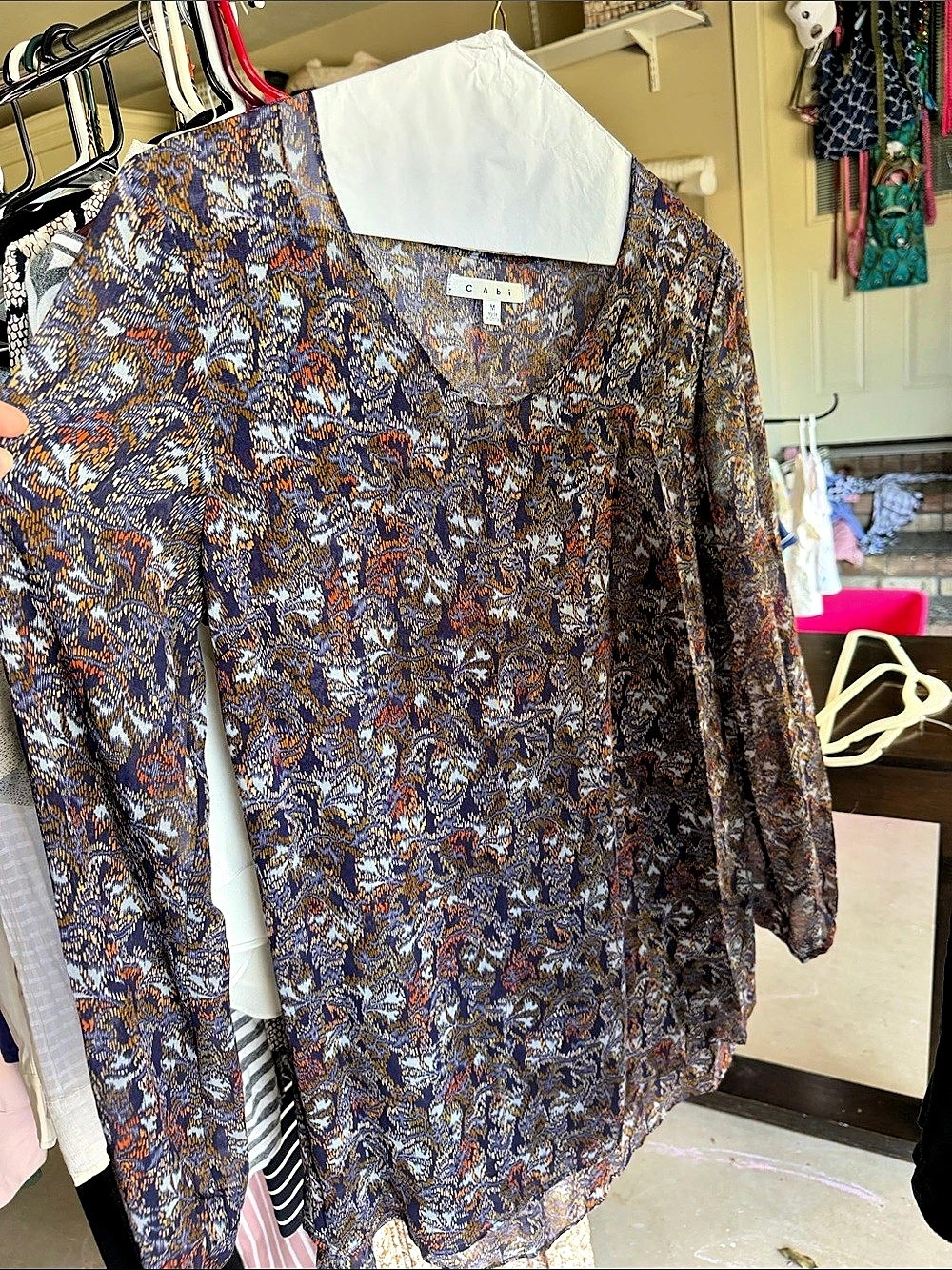 CAbi Abstract Print Tuck Top Blouse Blue & Brown Size Medium